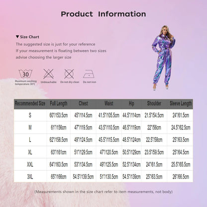Women's Halloween Disco Astronaut Costume Holographic Shiny Metallic Overalls Bodysuit - Silver / L