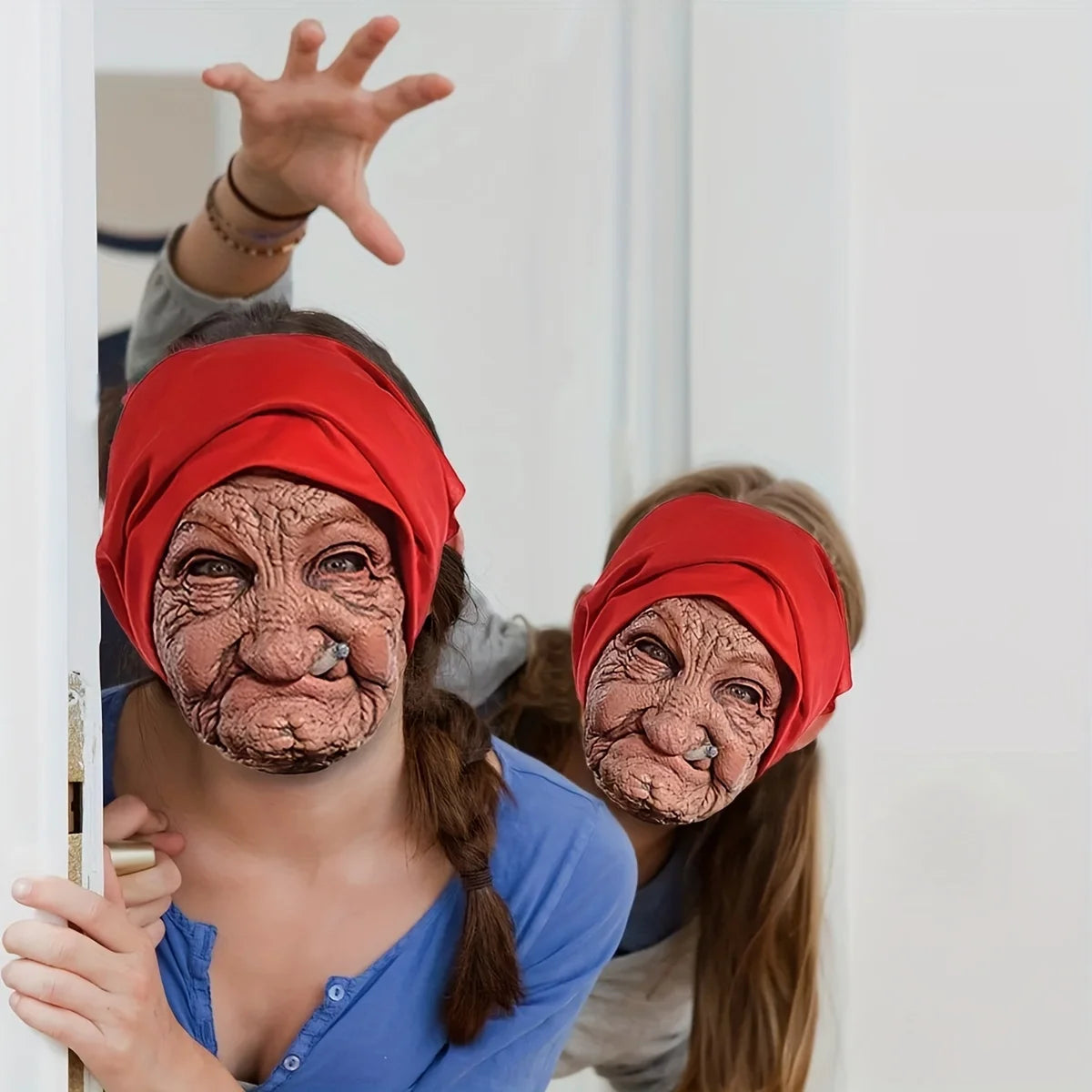 1-Pack Latex Scary Old Lady Mask, with Realistic Red Headscarf, High Detail, Ideal for Halloween Cosplay & - product image 2