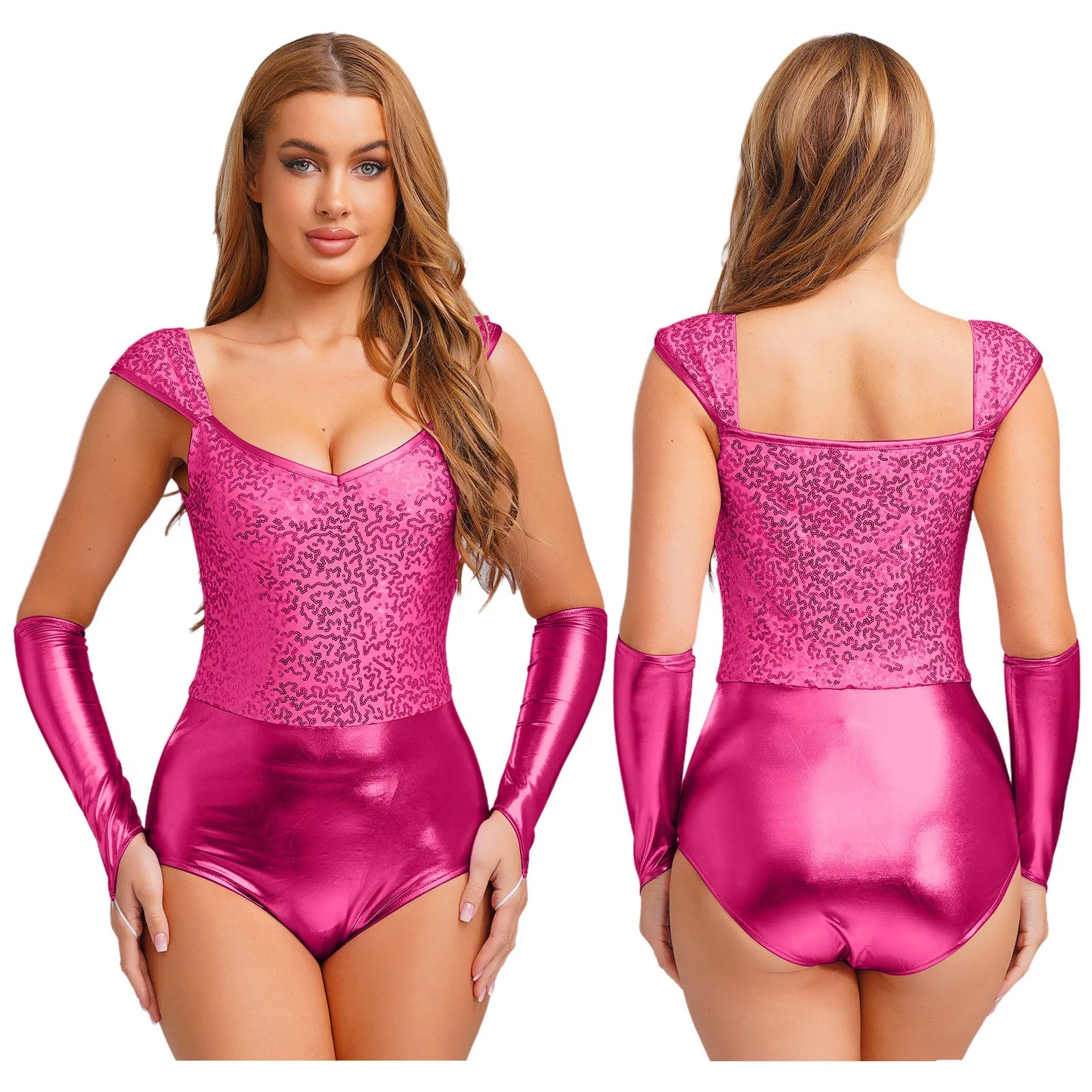 Adult Tin Glittery Sequin Metallic Shiny Bodysuit Removable Sleeves Dance Costume - alternate view 9