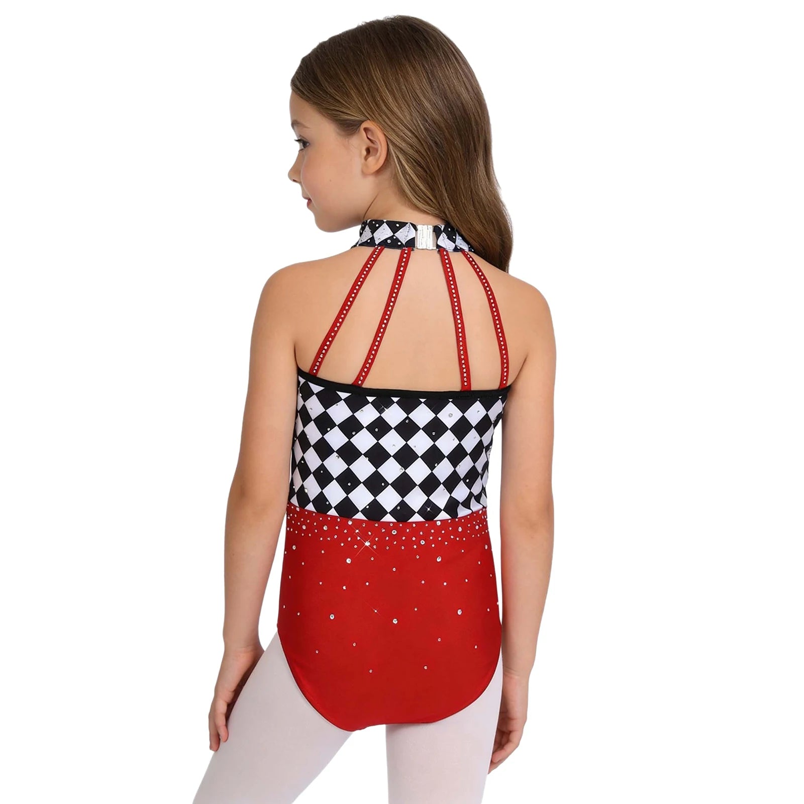 Kids Girls Circus Ringmaster Clown Costume Halter Rhinestone Checked Skirted Leotard - Green A / 14