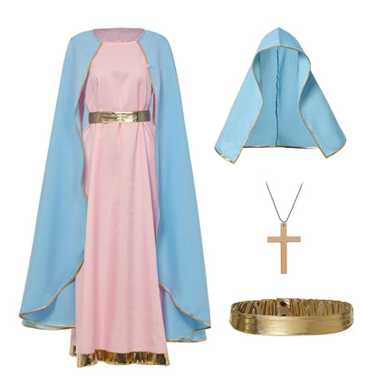 Halo Virgin Mary Costume Halloween Women Nativity Christmas Suit Biblical Costume