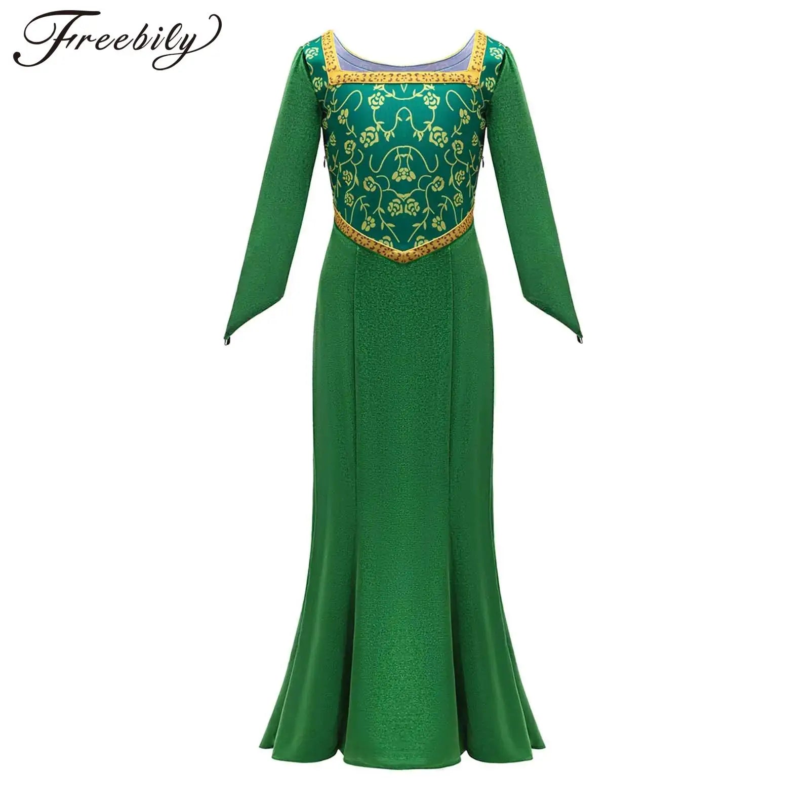 Girls Halloween Cartoon Movie Princess Cosplay Costume Long Sleeve Flower Print Green Dress Gown for Carnival - product image 1