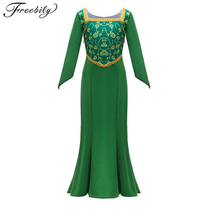 Girls Halloween Cartoon Movie Princess Cosplay Costume Long Sleeve Flower Print Green Dress Gown for Carnival - product image 1