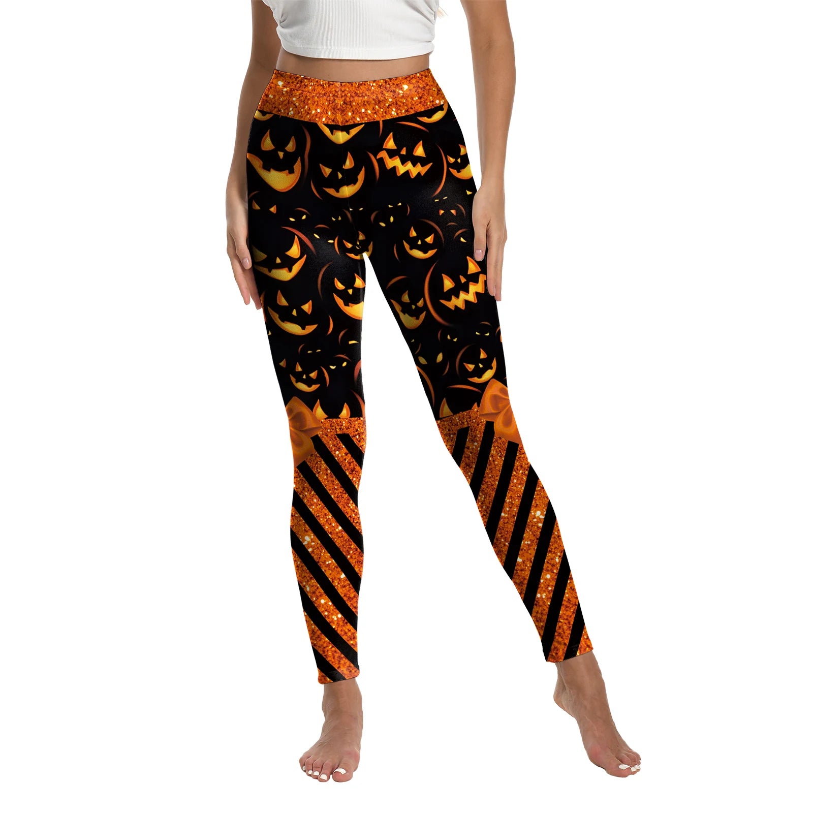 Women's Spooky Pumpkin Stripe Leggings - alternate view 8