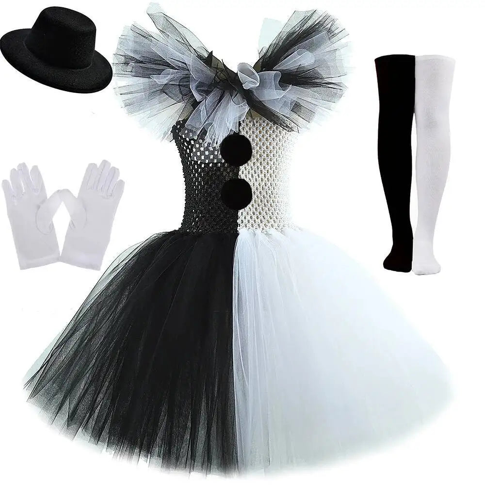 White Black Scary Clown Costumes for Girls Creepy Halloween for Kids Tutus Kids Horror - Only Dress / 10Y