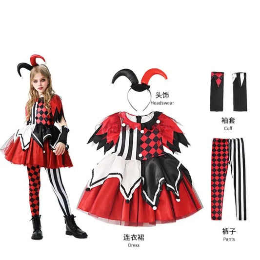 Naughty Girls Clown Costume Kids Circus Scary Tutu Dress Halloween Costume Jester Dress Up - set / 120