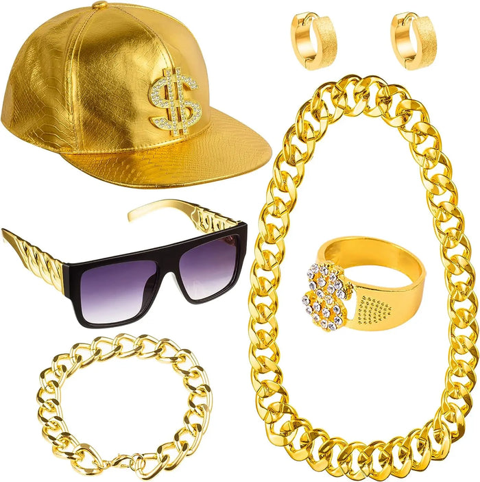 PESENAR 80s 90sHip Hop Costume Kit Metal Chain Flat Top Sunglasses Rapper Big