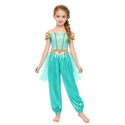 Girls Arabian Princess Halloween Carnival Dress Up Cosplay Costume Metallic Ruched Sequin Bodice Tulle Panel - product image 2