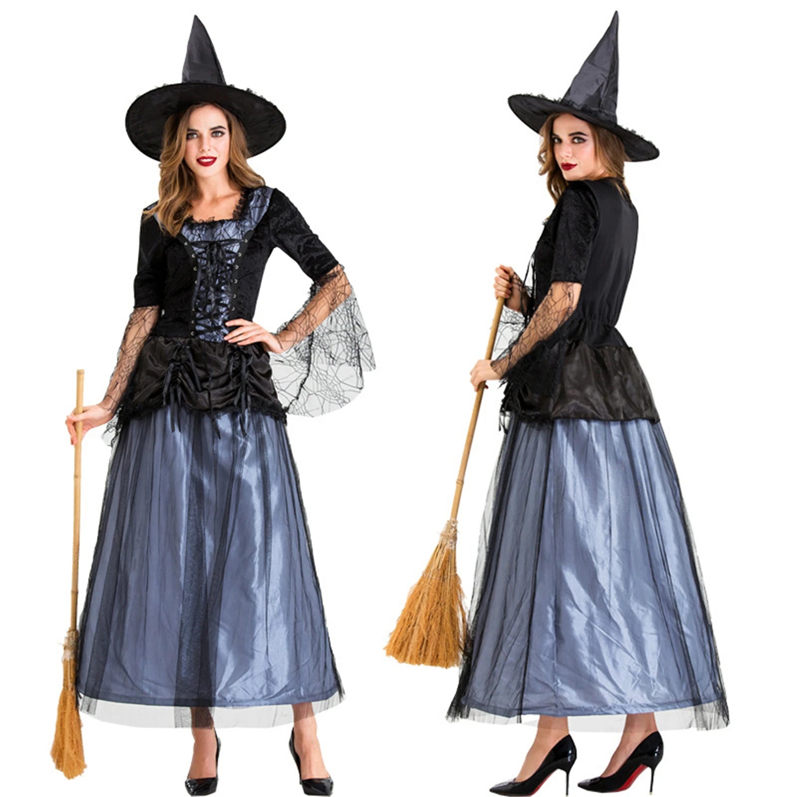 Women's Witch Gothic Lace Mesh Black Hat Uniform Costume - alternate view 2