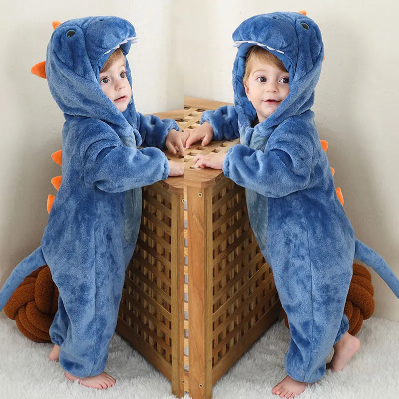Dinosaur Winter Baby Romper Kigurumi Costume Flannel Hooded Bodysuit Pajamas Animal