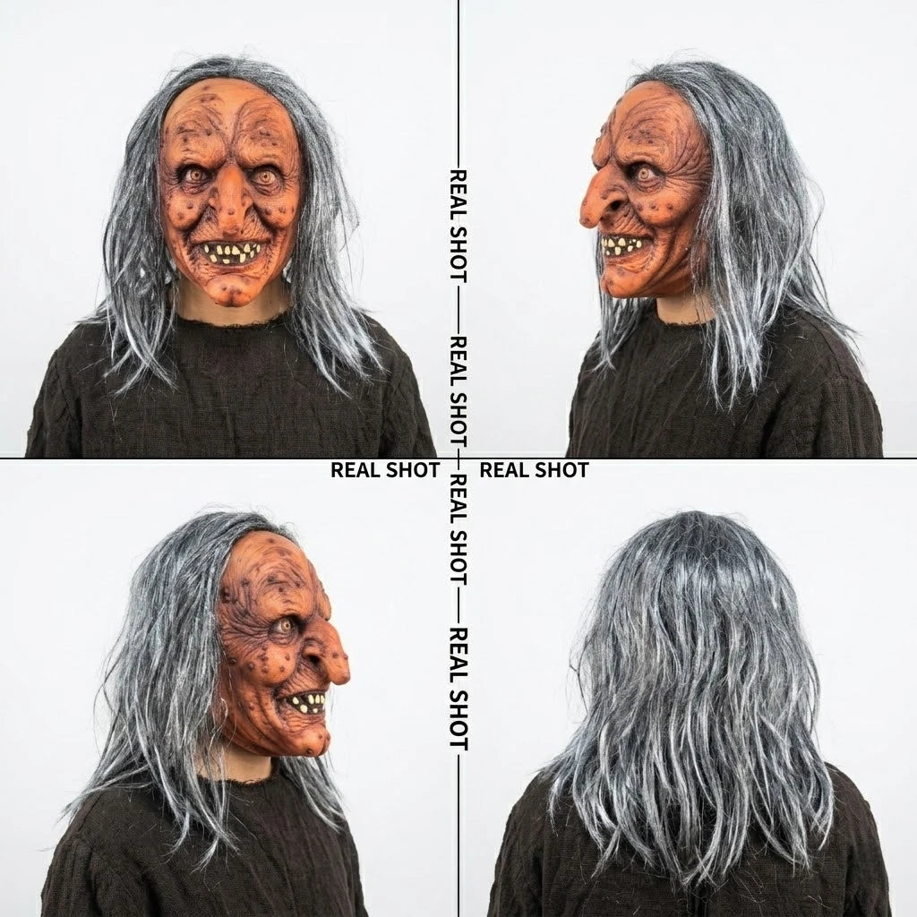 Creepy Witch Mask with Lifelike Wrinkles & Gray Hair - Halloween Scary Costume Accessory - View 3