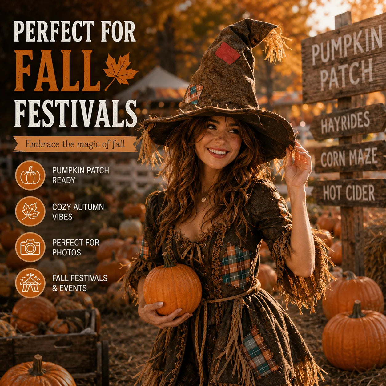 Halloween Witch Hat for Women, Pumpkin Patch Costume Accessory for Fall Festival - product image 3