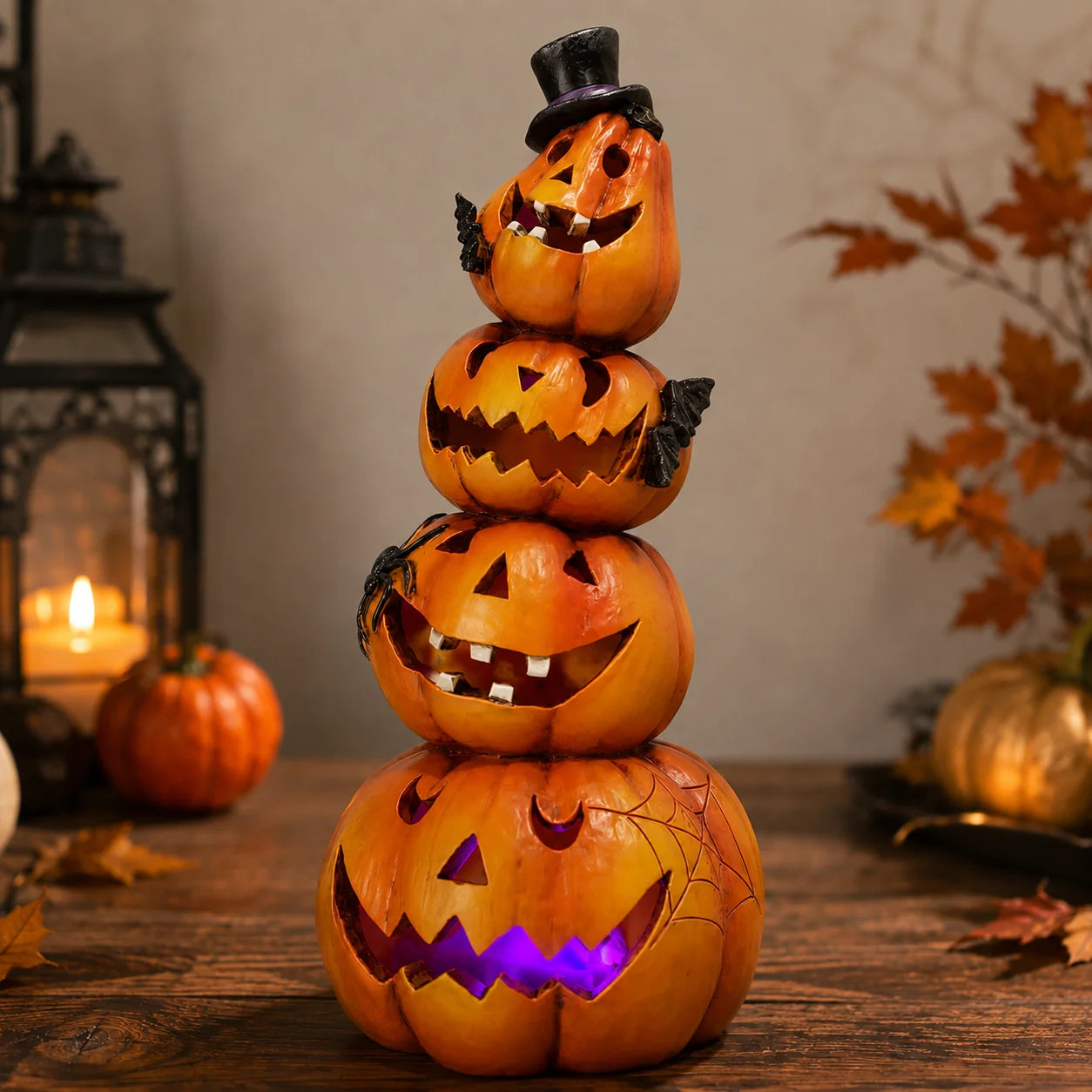 Hodao Resin Halloween Light-Up Stacked Pumpkin Figurine, 4-Tier Jack-O-Lantern Tower with Black Top Hat