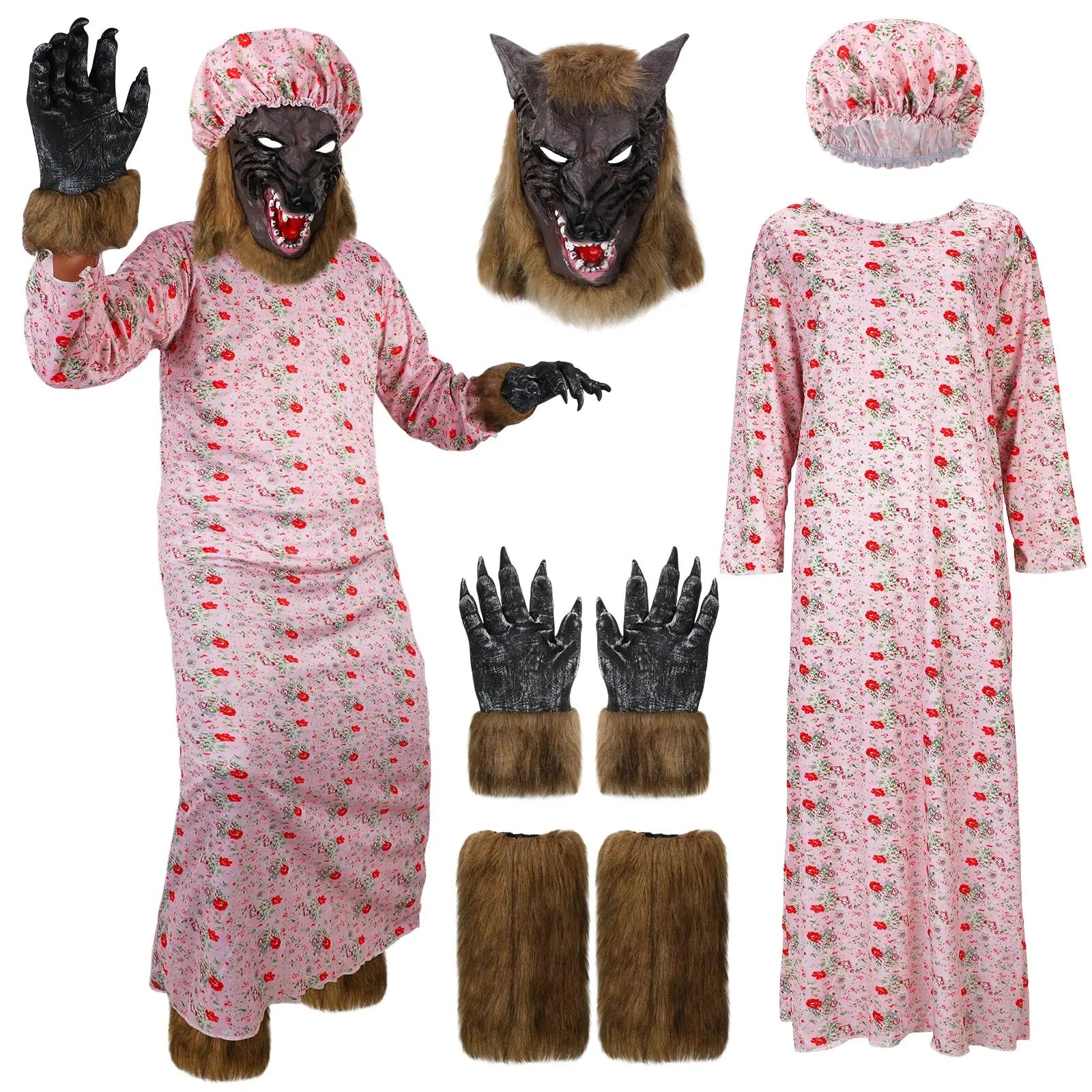 Wolf Granny Costume Set Adult Cosplay Dress Outfit with Hat Wolf Head Mask Gloves Leg Warmers for Christmas