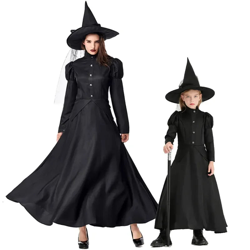 Halloween Wizard Cosplay Costume Kids Adult Halloween Women Deluxe Wicked Witch Costume Black