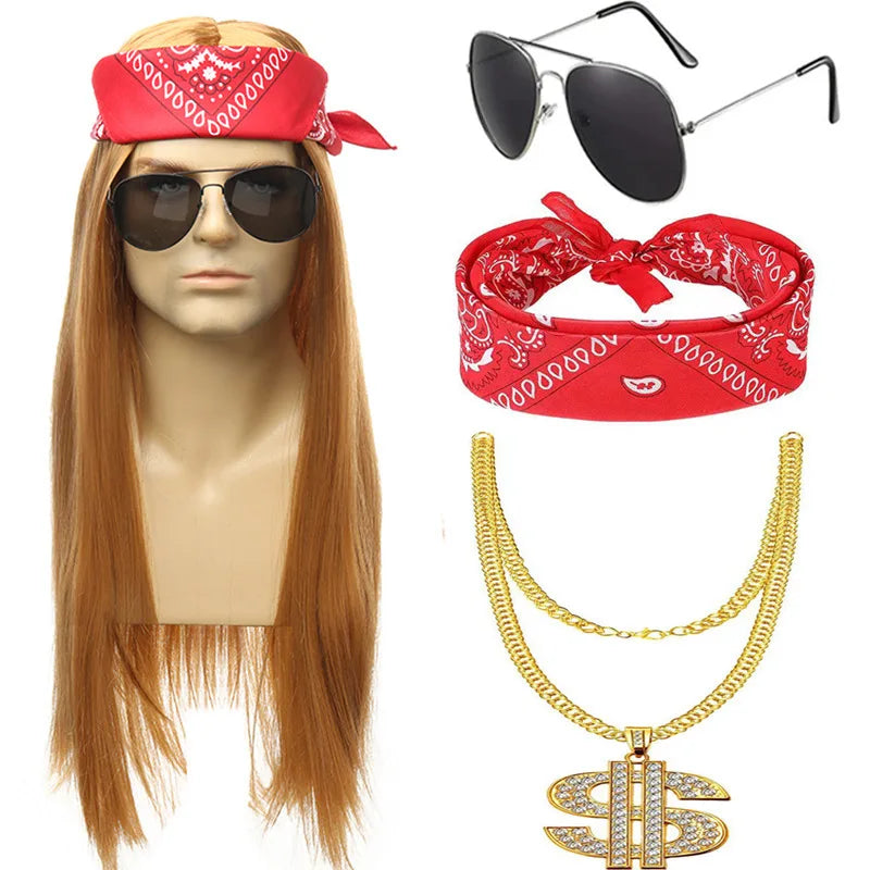 Hot 70s 80s Rocker Costume Heavy Metal Wig Men Women Hippie Wig With Bandana Sunglasses Punk Gloves Tattoo - product image 5