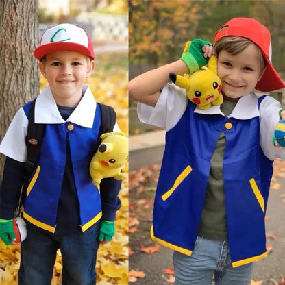 Men Anime Trainer Costume Boys Ash Ketchum Adult for Girls Halloween Women Blue Jacket Cap - Full Set 5pcs / S