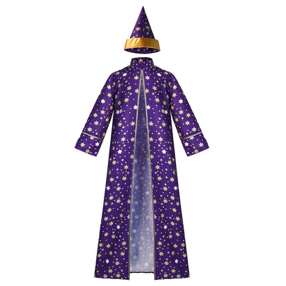 Men Magic Magician Costume Wizard Costume Blue Starry Robe Cloak Hat Medieval Adult - Red / XXL
