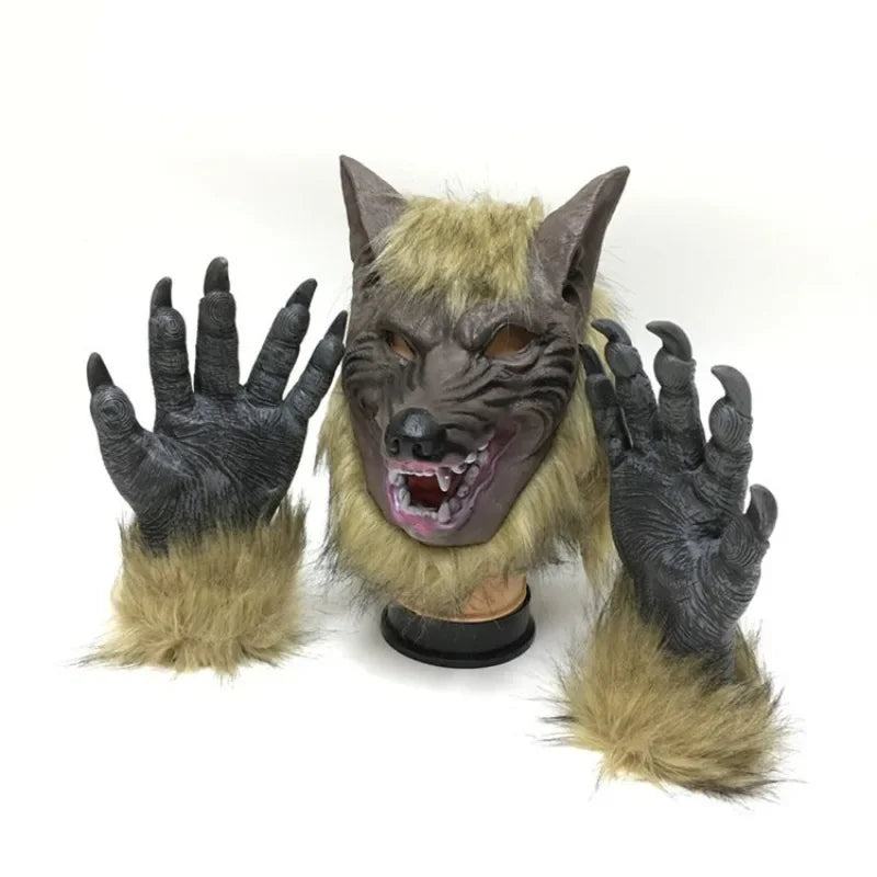 Werewolf Costume Mask Wolf Gloves Costume Halloween Latex Rubber Wolf Head Hair Mask - gloves / One Size