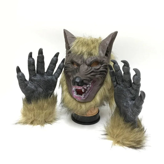 Werewolf Costume Mask Wolf Gloves Costume Halloween Latex Rubber Wolf Head Hair Mask - gloves / One Size