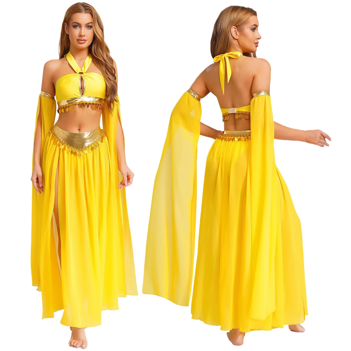 Women Halloween Cleopatra Ancient Egyptian Queen Sun Goddesses Cosplay Costume Crop Top with Skirt Belly Indian Dance Outfit