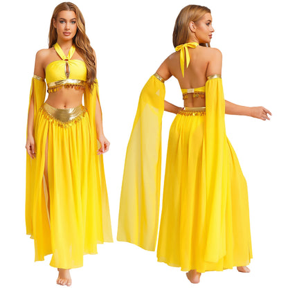 Women Halloween Cleopatra Ancient Egyptian Queen Sun Goddesses Cosplay Costume Crop Top with Skirt Belly Indian Dance Outfit