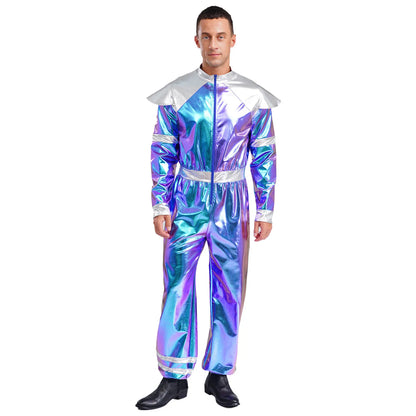 Men's Outer Space Alien Costume Halloween Robot Costume Jumpsuit Sleeves Deluxe Shiny - Blue / XL