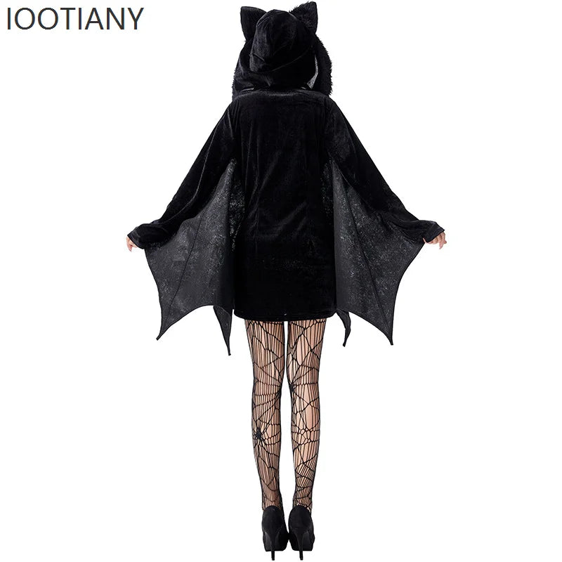 Halloween Devil Costume Evil Bat Skirt Gothic Women's Clown Bat Hooded Bodysuit Gothic - Black / XXL