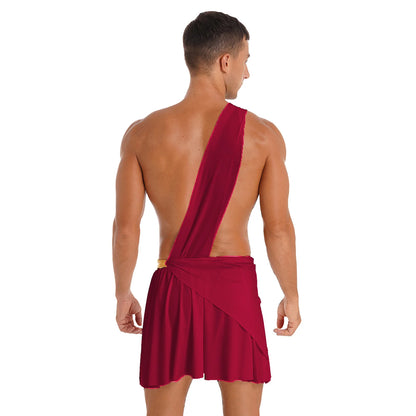 Men's Halloween Ancient Greek Roman Theme Toga Costume One Shoulder Strap Waistband Ruffle - White / S