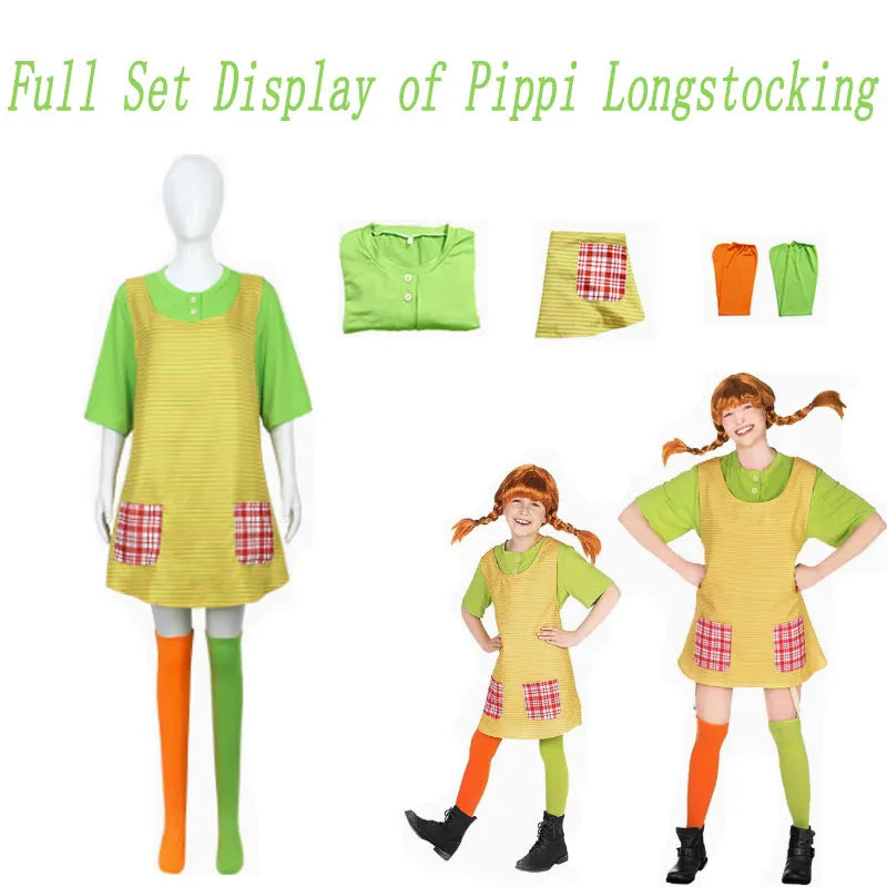 Pippi Longstocking Cosplay Costume Full Set Green T-Shirt Apron