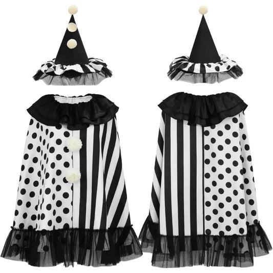 Women Horror Clown Costume Set Hat Cape Coat Scary Outfit for Halloween Themed Full - Black / One Size