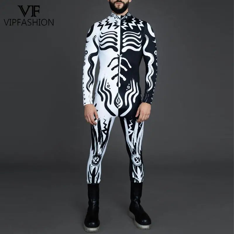 Men's VIP Shaman Eye Art Front Zipper Zentai Bodysuit Catsuit Black White Costume - alternate view 3