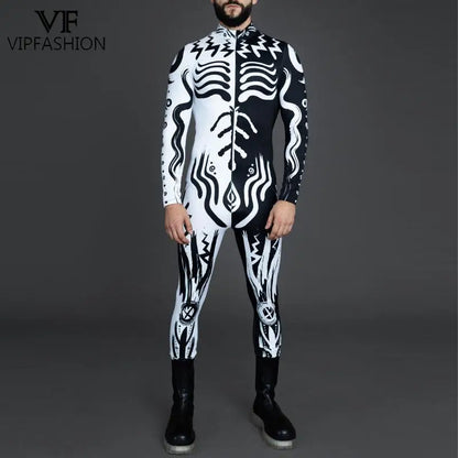 Men's VIP Shaman Eye Art Front Zipper Zentai Bodysuit Catsuit Black White Costume - alternate view 3