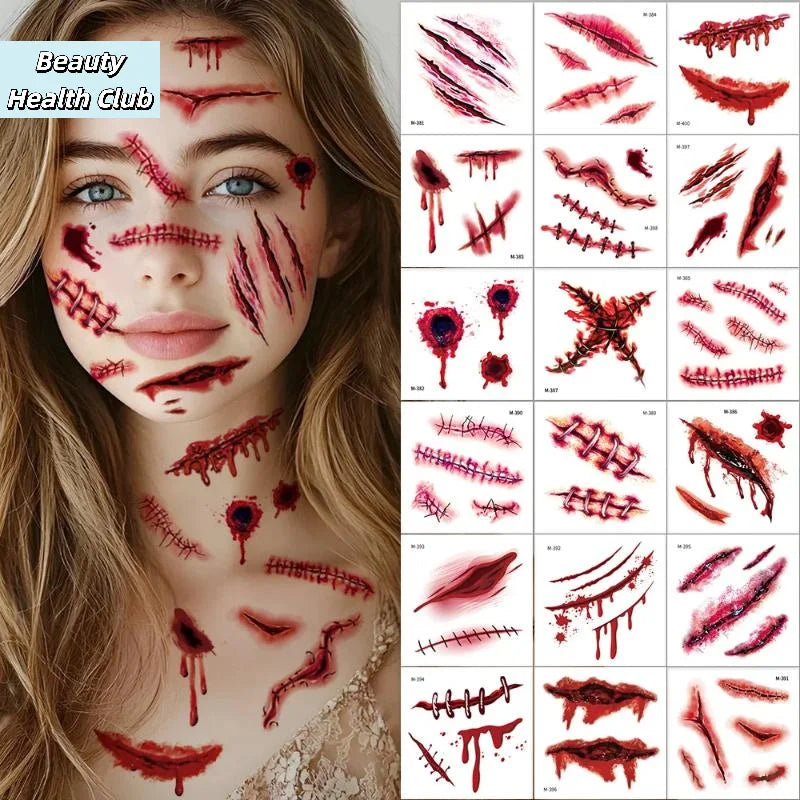 【20Sheets 3D Realistic Scar Tattoos Waterproof Fake Bloody Wound Stickers For Halloween Cosplay Face & Body - product image 3