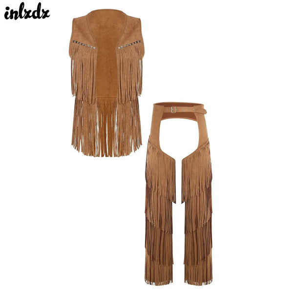 Men's Faux Suede Western Cowboy Gothic Punk Open Front Tassel Vest And Costume