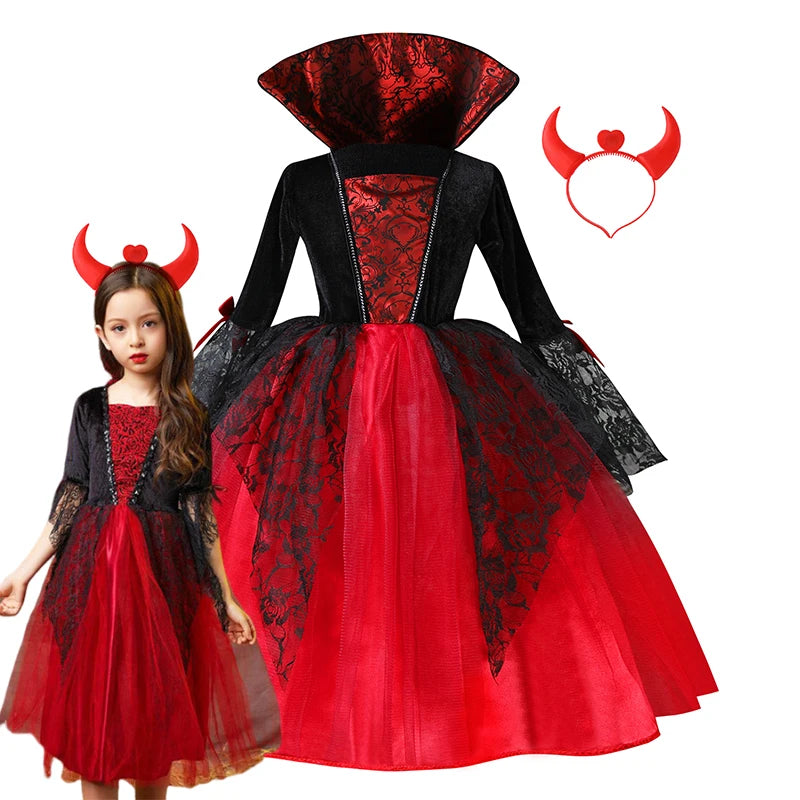 Kids Girls Vampire Devil Costume Dress Complete Set with Accessories Theme Costume