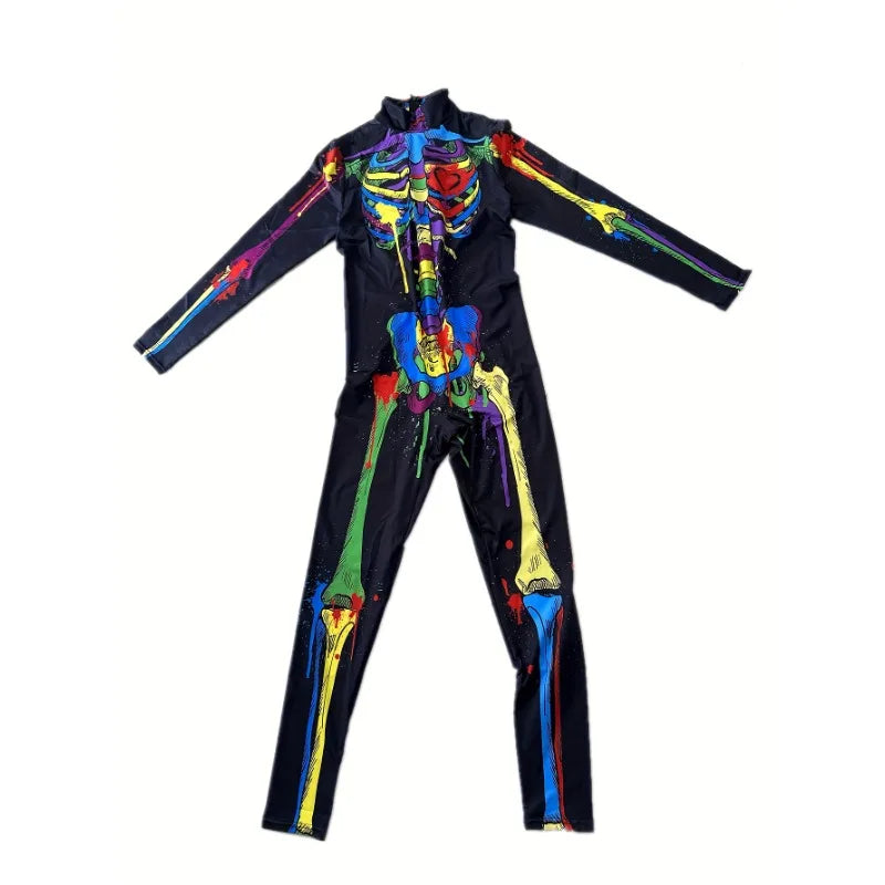 Kids' Skeleton Theme Sleeve Stretchy Fitted Full Color Halloween Costume - 01 / M