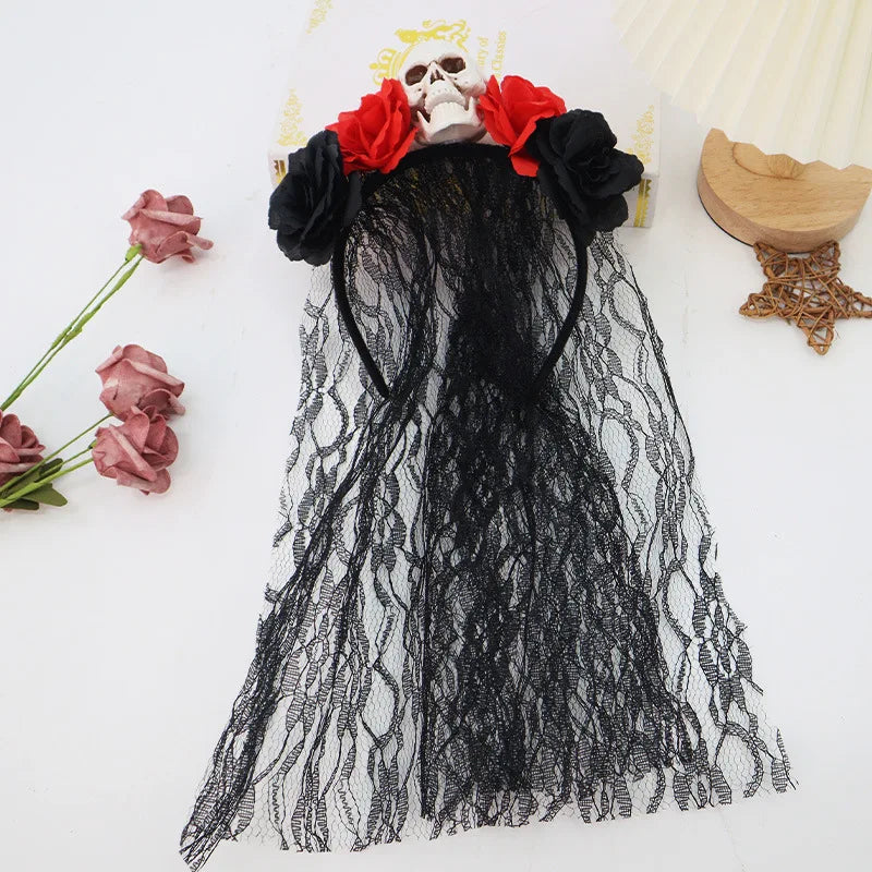 Gothic Black Lace Halloween Headband with Realistic Roses Skull Hair - product image 3