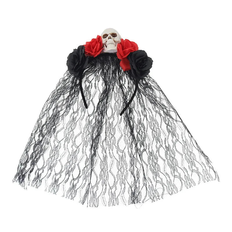 Gothic Black Lace Halloween Headband with Realistic Roses Skull Hair - product image 6