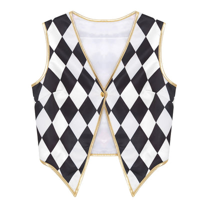 Unisex Halloween Circus Clown Ringmaster Sleeveless Vest Checkerboard Plaid Waistcoat - Red Black / S