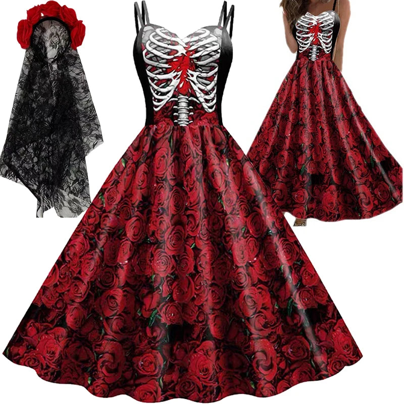 Women's New for Skull Print Halter Dress Sleeveless Tunic Vintage Dresses Costume