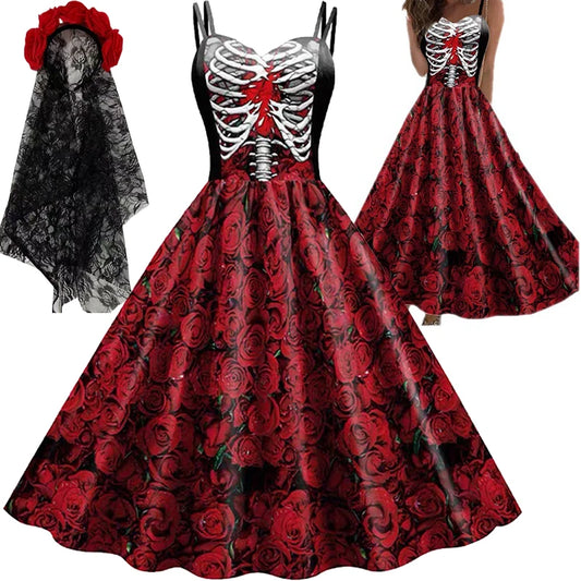 Women's New for Skull Print Halter Dress Sleeveless Tunic Vintage Dresses Costume