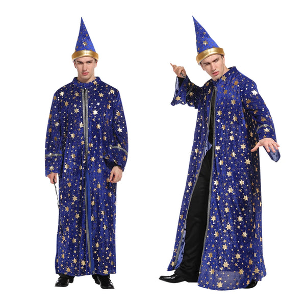 Wizard and Magician Blue Starry Robe Pointed Hat Unisex Halloween Costume - wizard / M
