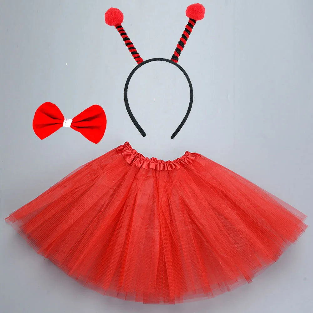 Halloween Girl Women Red Bug Ladybug Black Ant Yellow Bee Animal Costume Headband Skirt - set 3 / for 4- 10 years