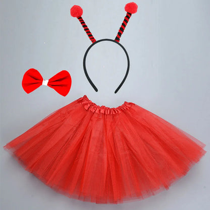 Halloween Girl Women Red Bug Ladybug Black Ant Yellow Bee Animal Costume Headband Skirt - set 3 / for 4- 10 years