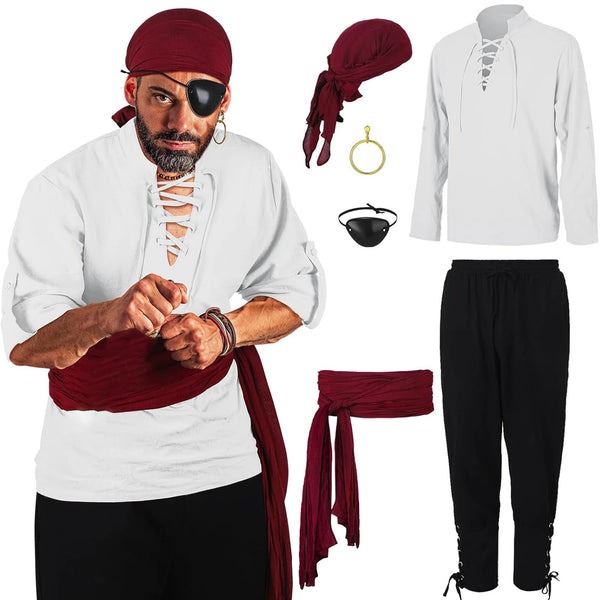 Men's Medieval Renaissance Pirate Shirt Ankle Banded Pants Headband Costume