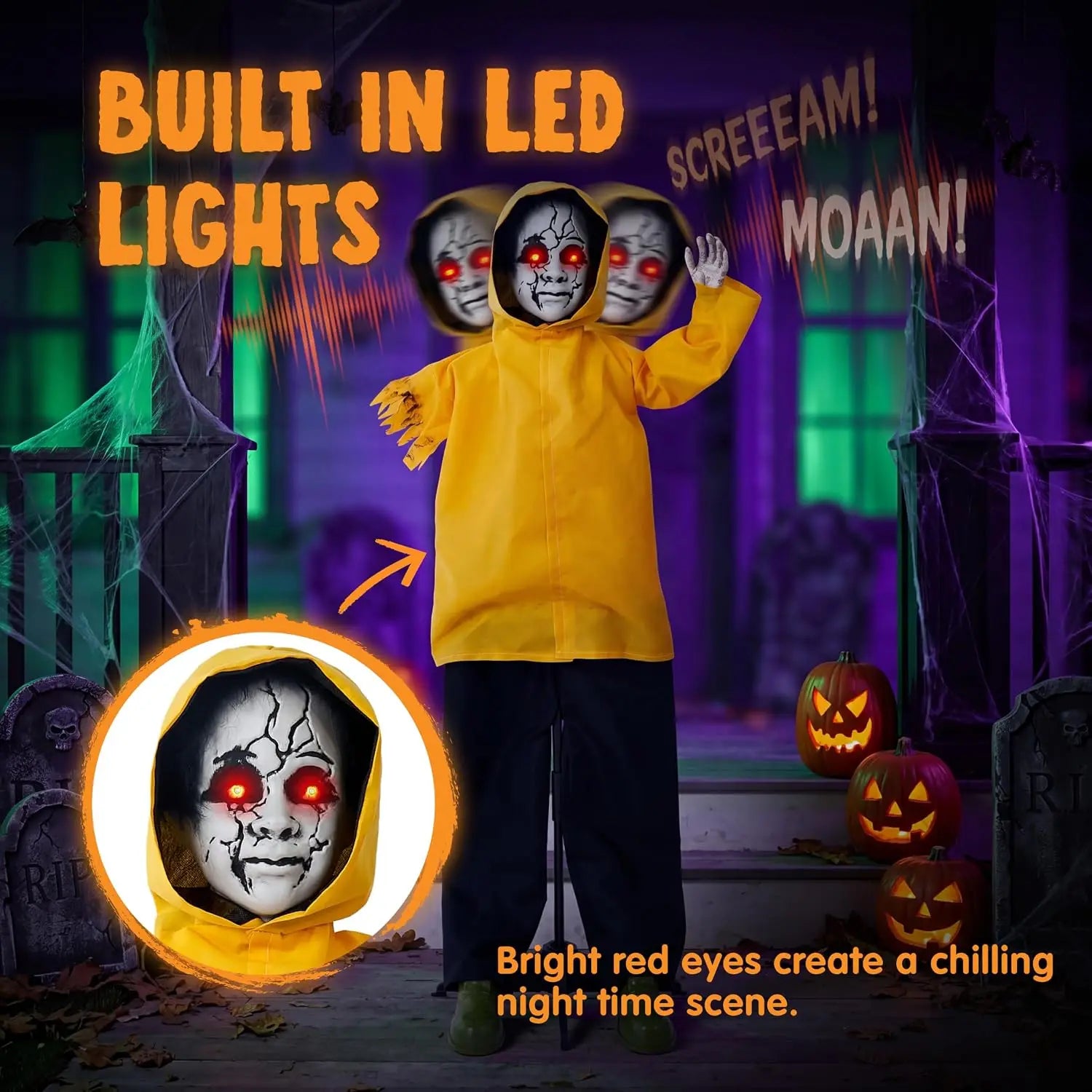 49" Life Size Halloween Animatronics Ghost Halloween Decorations Outdoor Ghost  Decor Sound Activated with Glowing Eyes, Scary Haunted House Props for Garden Yard Lawn