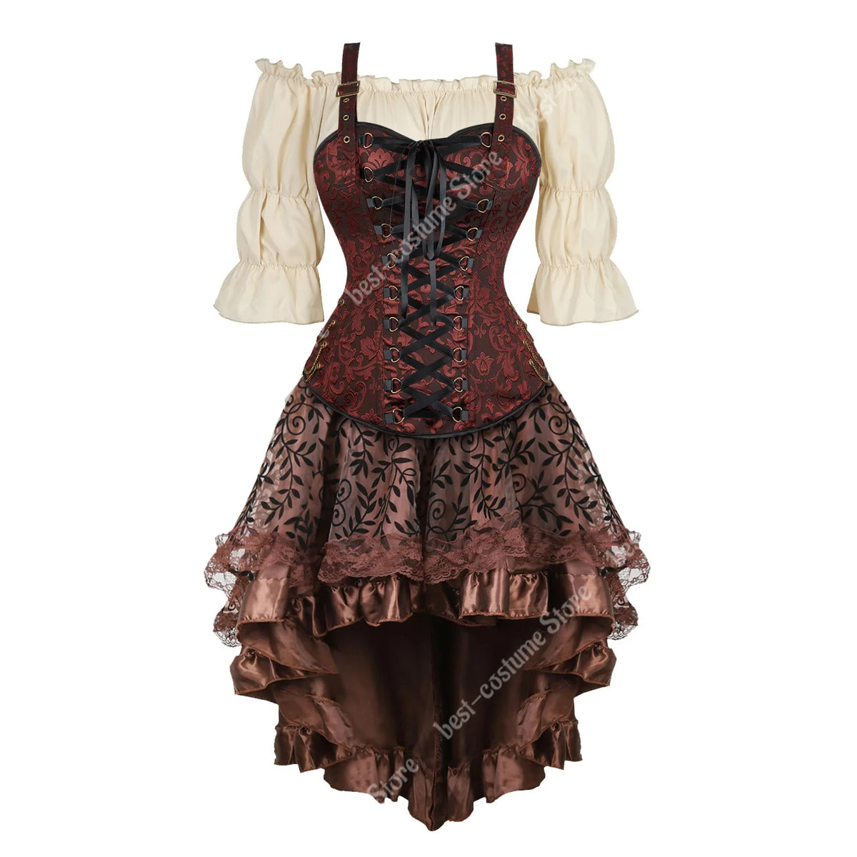 Steampunk Corset Dress Brown Pirate Costume Woman Skirt Plus Size Gothic Underbust