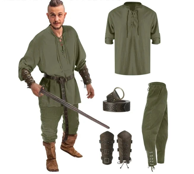 4 Pcs Halloween Men's Renaissance Costume Set Medieval Pirate Shirt Ankle Banded Pants Viking Belt Accessories - product image 13