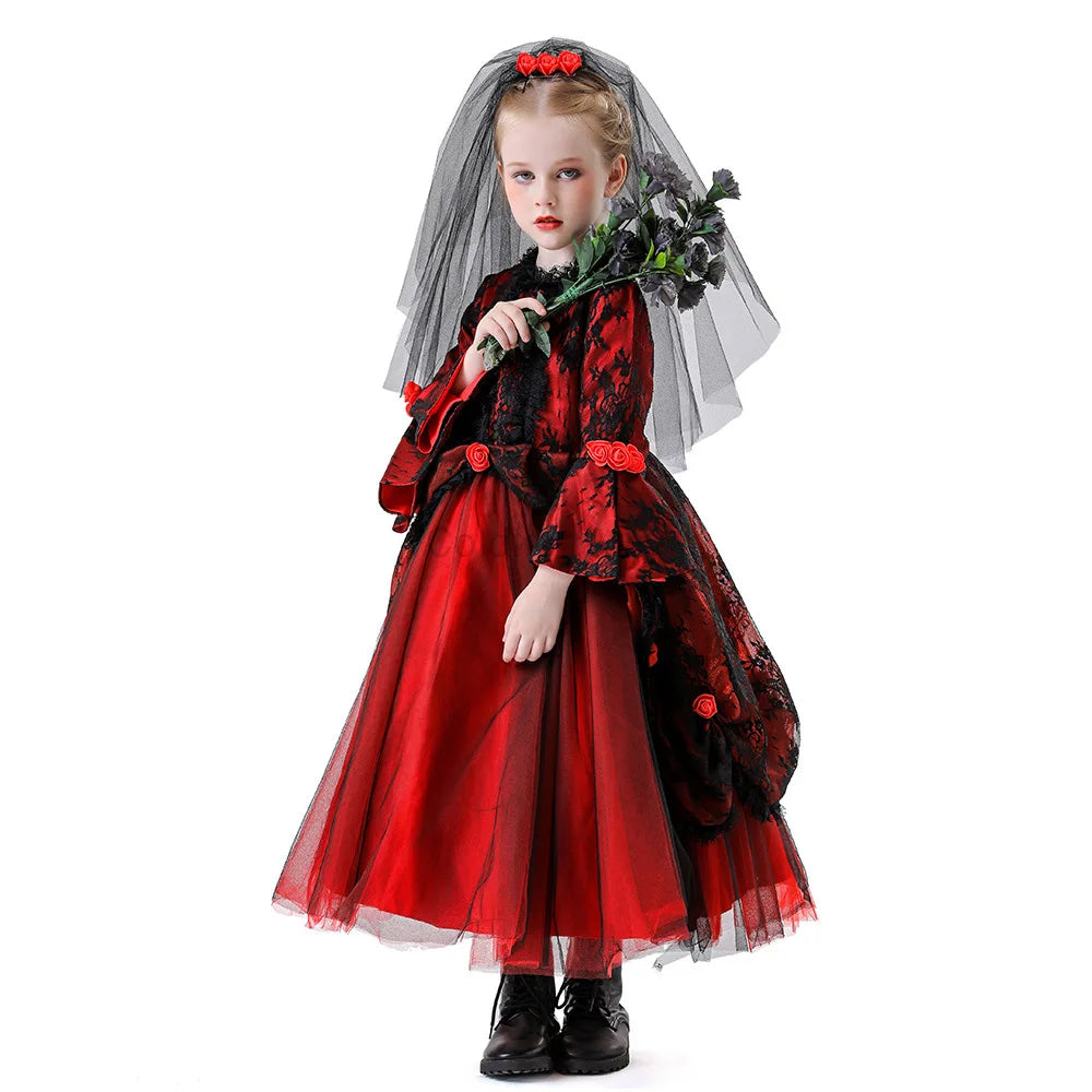 Girls Gothic Ghost Bride Costume – Black & Red Dress with Headpiece